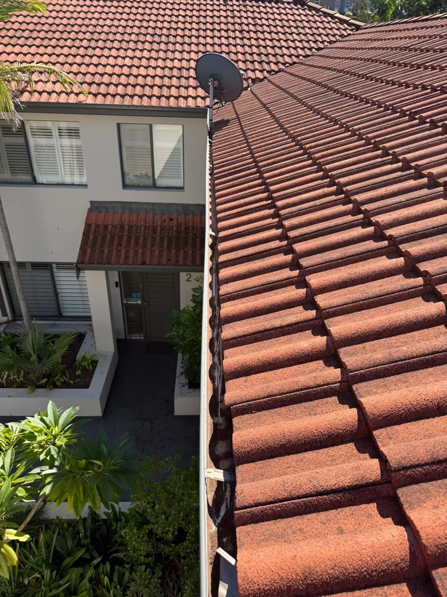 Cleaned gutter line along a tiled roof